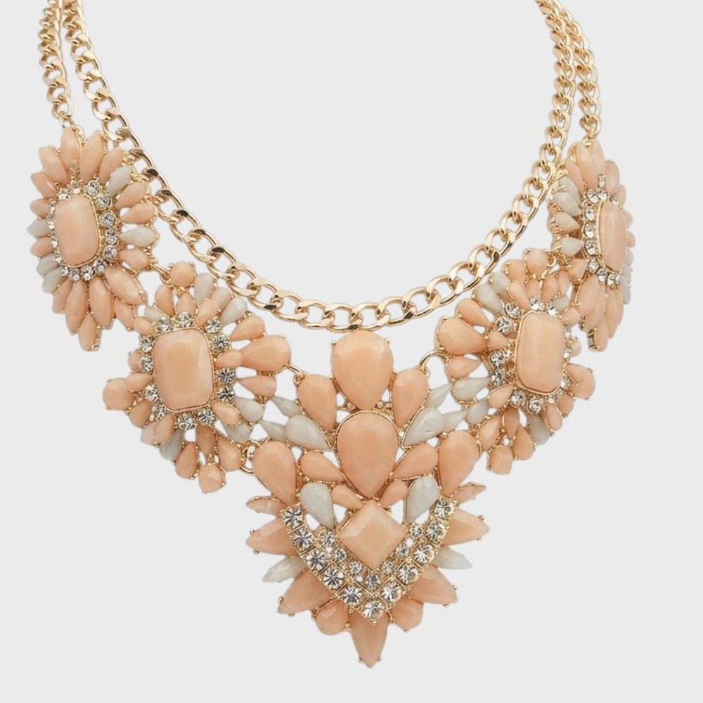 Vintage Bib Statement Necklace Peach Lucite Rhinestone Gold Tone Ornate Y2K 15"